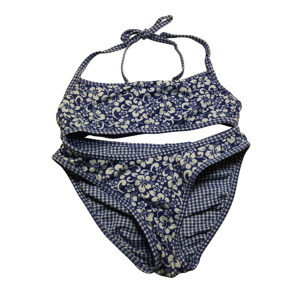 Vintage Y2K Hibiscus Floral Gingham Plaid Reversible Bikini Set Blue White XS